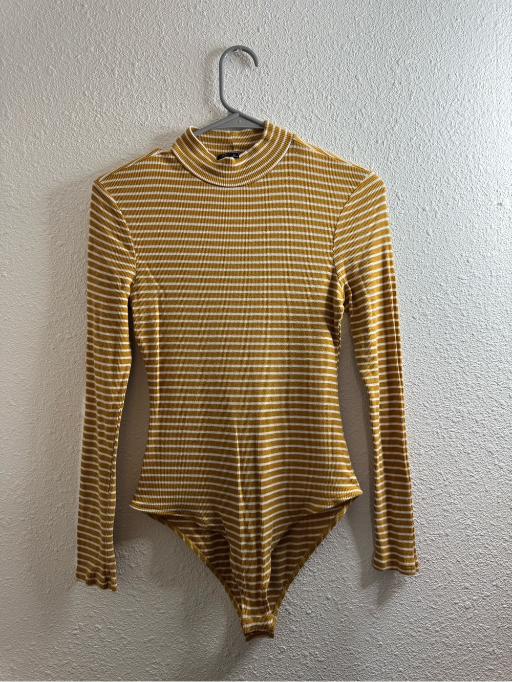 Ambiance Yellow and White Striped Long-Sleeve Mock Neck Bodysuit